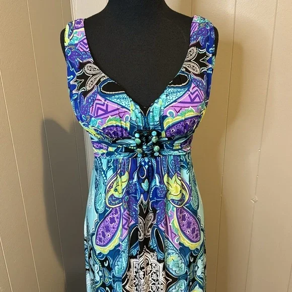 Bisou Bisou silky stretch ruched strap & empire waistband bead buckle maxi. Sz 4 - Picture 2 of 9